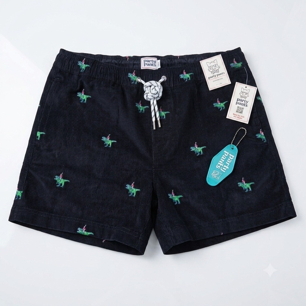 NWT Party Pants Mens L Party Rex Shorts Black Textured Tapestry Cotton Dinosaur